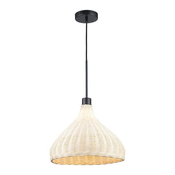 1-Light Black Pendant Light Fixture with Natural Woven Rattan Basket Shade