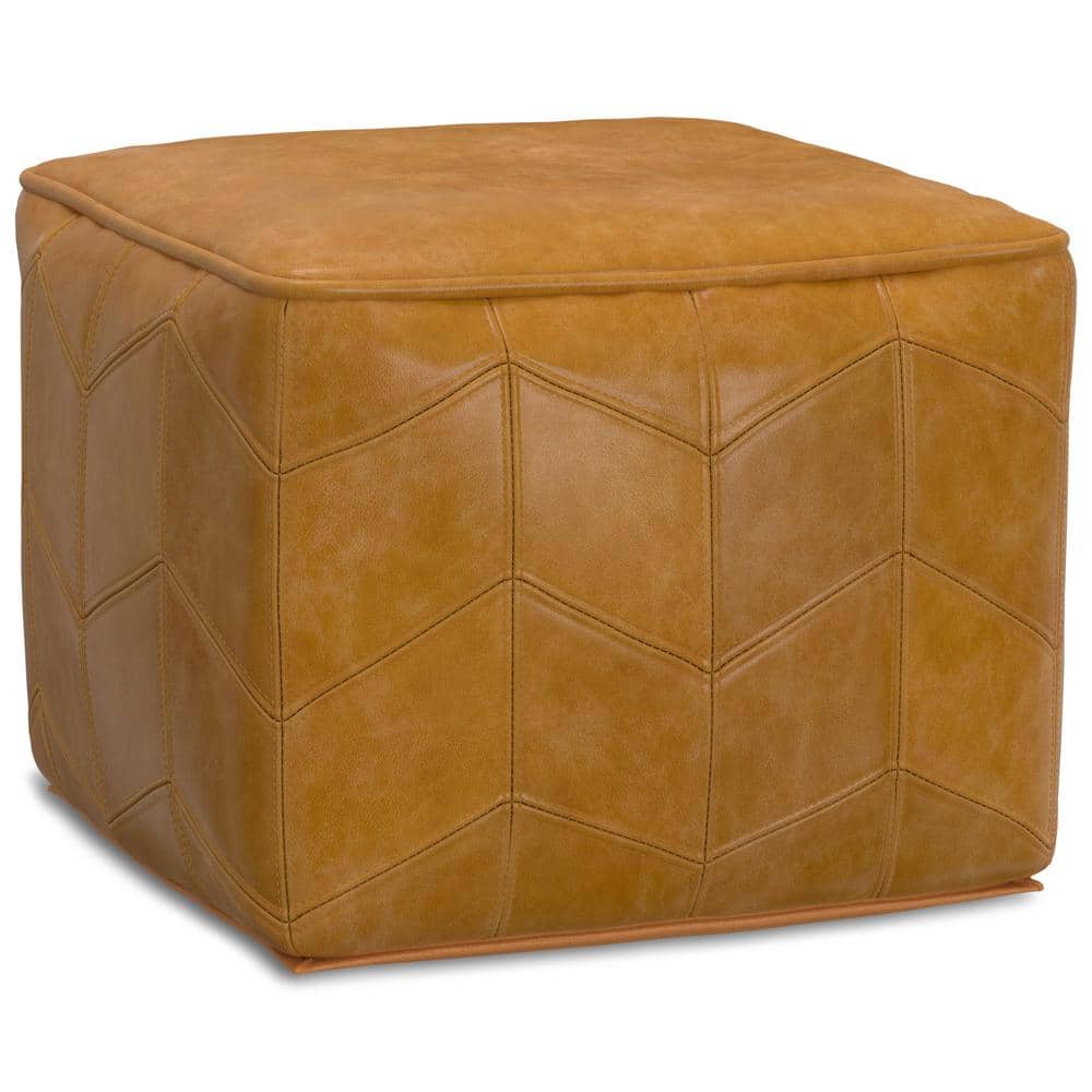 Brown Genuine Leather Chevron Pattern Square Pouf