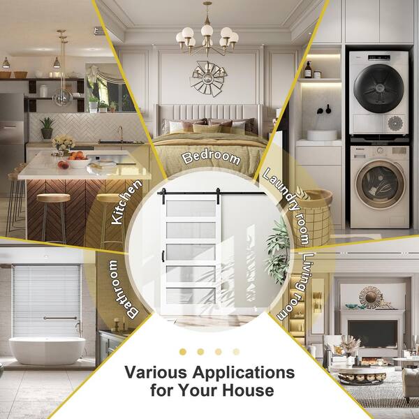 30 in. x 80 in. 5 Lite Tempered Frosted Glass White Primed Glass Sliding Barn Door with Hardware Kit