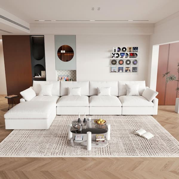 156 in. Square Arm 5-Piece Linen Upholstered Cloud Modular Sectional Sofa 4-Seater w/ Ottoman, Washable Covers in White
