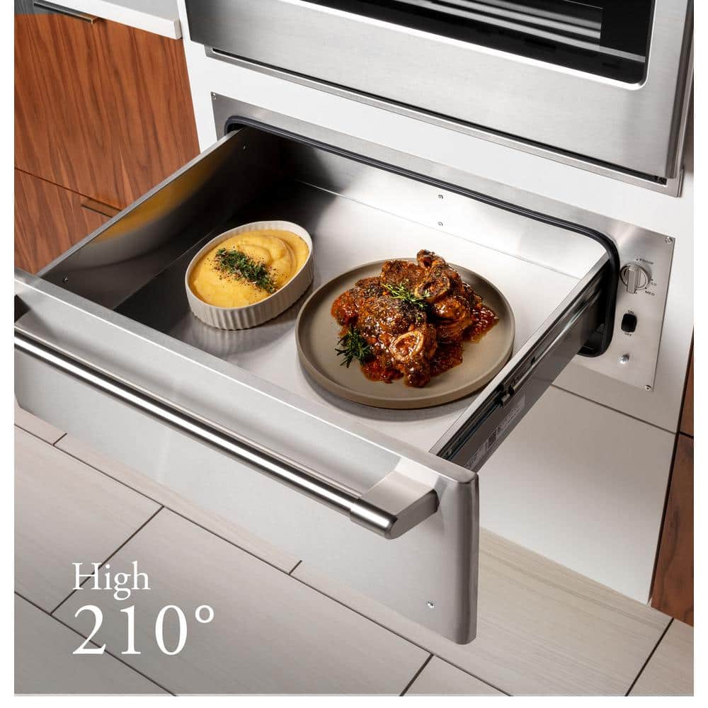 Matte White 30'' Electric Warming Drawer with Brass Handle
