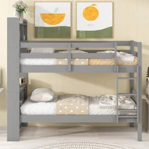 Grey Twin Over Twin Bunk Beds with Bookcase Headboard, Solid Wood Bed Frame with Safety Rail and Ladder, Kids
