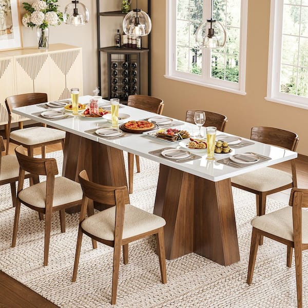 Farmhouse White and Oak Wood 47.2 in. Pedestal Base Dining Table for Kitchen or Dining Room, Seats 4 Modern Rustic Style