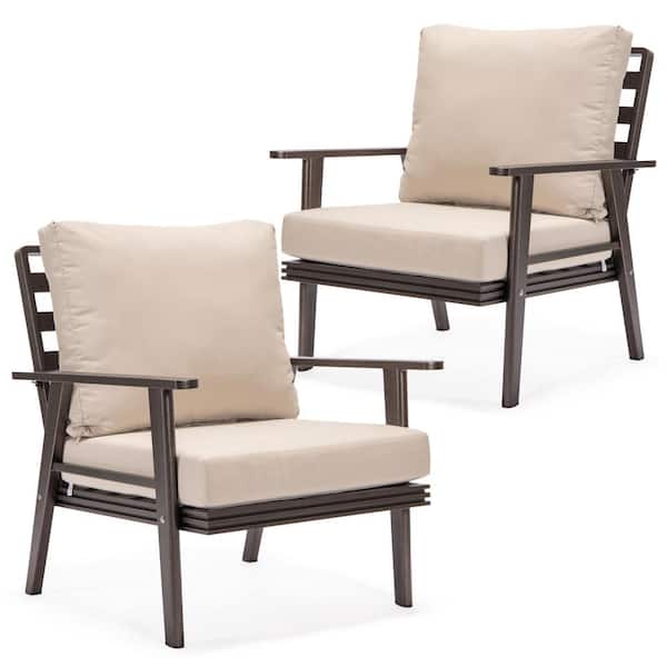 Leisuremod Walbrooke Modern Brown Outdoor Arm Chair with Powder Coated Aluminum Frame and Removable Cushions for Patio in Beige