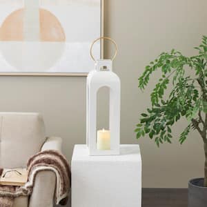 White Metal Tall Arched Cutout Candle Lantern with Gold Handle