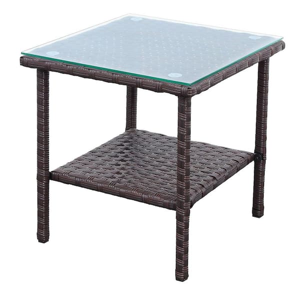 Unbranded Dark Brown Square Wicker Outdoor Side Table with Glass Top for Balcony Deck Pool