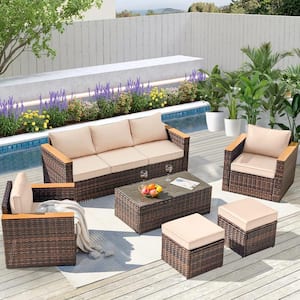 6 Pieces Brown Wicker Outdoor Sectional Set with Khaki Cushions for Easy Installation