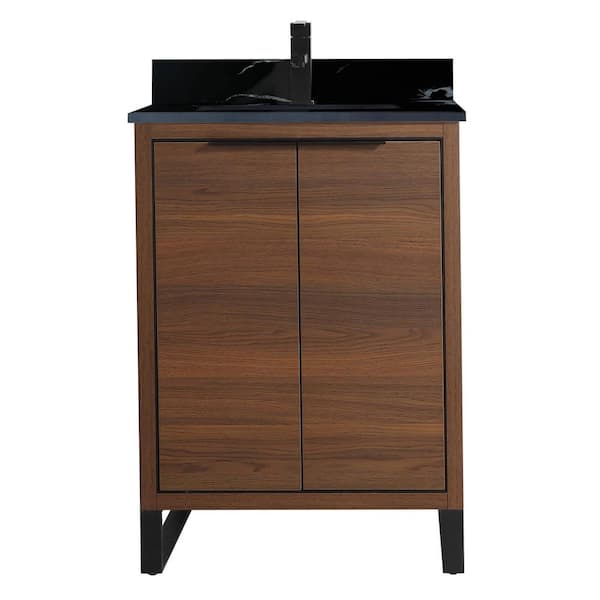 FINE FIXTURES Opulence 24 in. W x 18 in. D x 33.5 in H. Bath Vanity in Walnut Ebony with Black Marble Stone sink Top