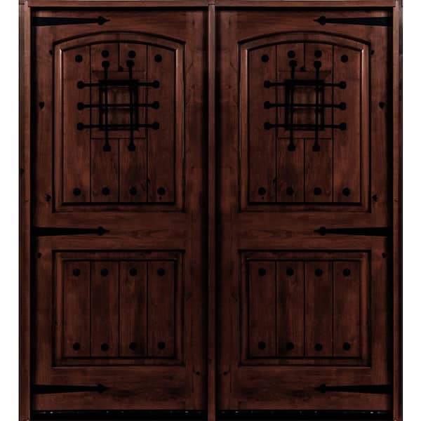 Krosswood Doors 60 in. x 80 in. Mediterranean Knotty Alder Arch Top with Red Mahogony Stain Left-Hand Wood Double Prehung Front Door