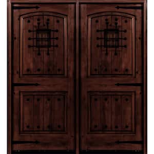 60 in. x 96 in. Mediterranean Knotty Alder Arch Top with Red Mahogony Stain Left-Hand Wood Double Prehung Front Door