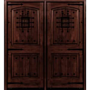 72 in. x 96 in. Mediterranean Knotty Alder Arch Top with Red Mahogony Stain Left-Hand Wood Double Prehung Front Door