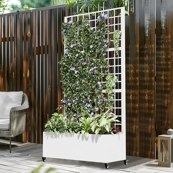 73 in. x16 in. x35 in. White Metal Iron Planter Box with Attached Trellis for Climbing Vegetation