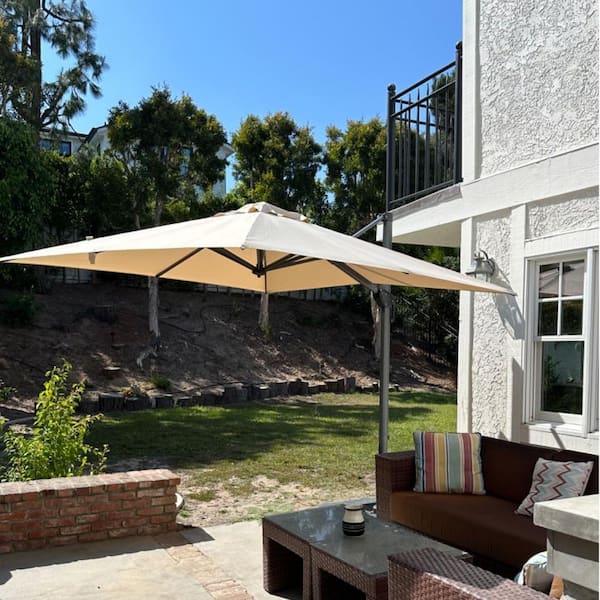8 ft. Square Aluminum Outdoor Patio Cantilever Umbrella Offset 360° Rotation Umbrella with Base, Beige