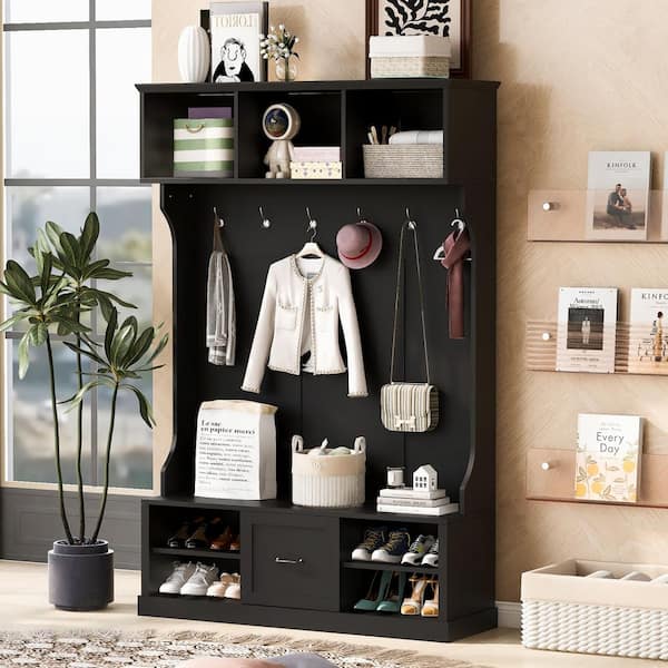 Greer Modern Black 3-in-1 Entryway Hall Tree with Bench, Hooks, Drawer, and Adjustable Shoe Shelves