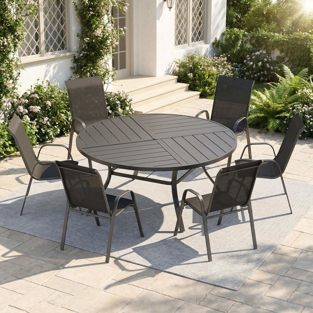 7-Piece Metal Outdoor Dining Set with 50 in. Black Round Dining Table and 6 Stackable Textilene Chairs in Black Fabric price history on PriceWatchPro