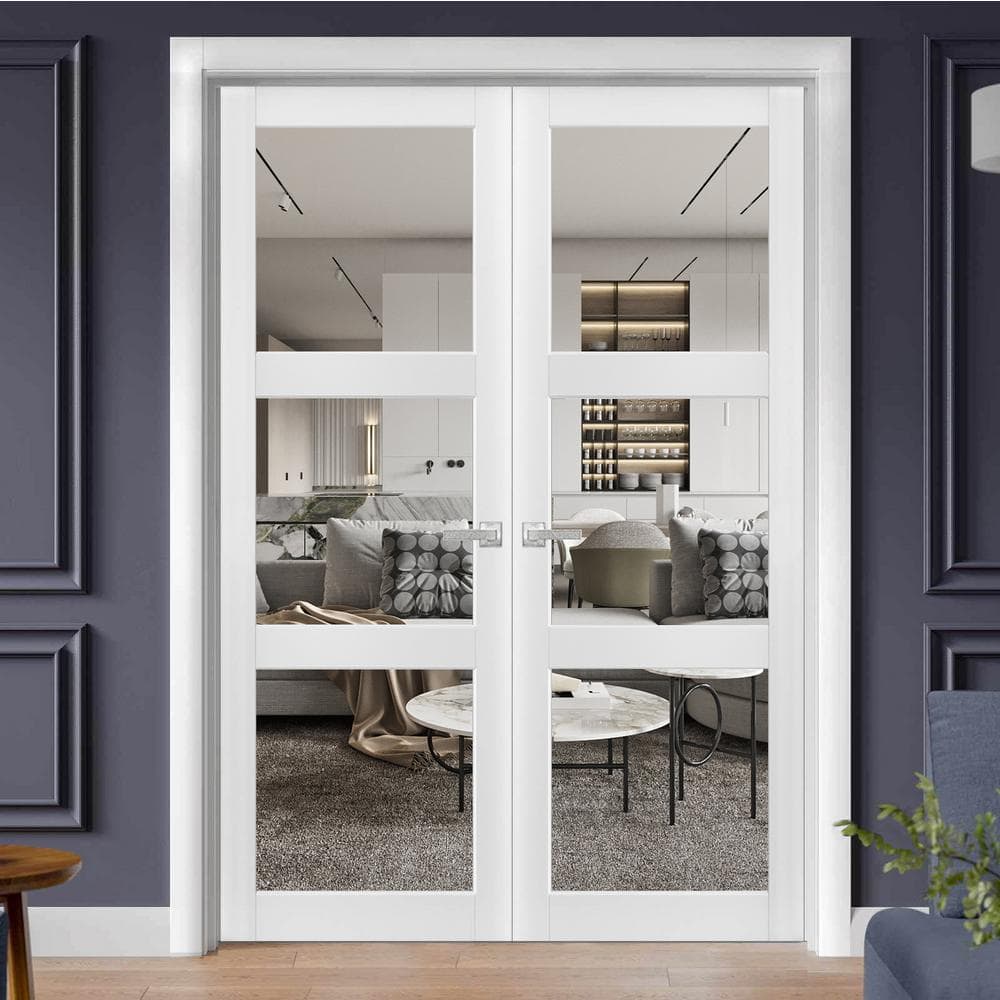 Lucia Clear Glass White Pine Interior French Doors 72" x 80"