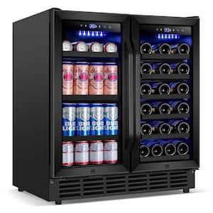 30 in. Dual Zone 33-Wine Bottles and 80-Can Built-In and Freestanding with French Door Beverage and Wine Cooler in Black