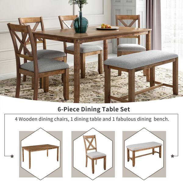 6 PC Cherry Wood Dining Set Expand Top Table Solid Wood 4 Chairs and a Bench 