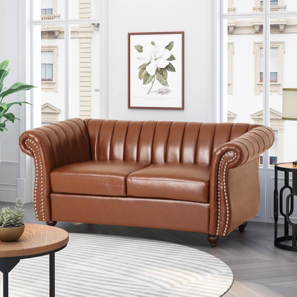 Cognac Brown Faux Leather Loveseat with Espresso Wood Accents
