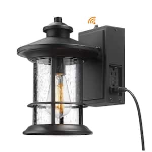 1-Light Black Outdoor Hardwired Wall Lantern Sconce with Built-In GFCI Outlet Light (2-Pack)