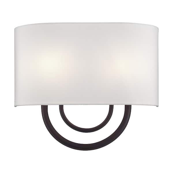 Stratton 13 in. 2-Light Bronze ADA Wall Sconce with Off-White Fabric Shade
