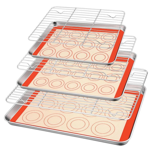 Stainless Steel Baking Sheet Set with Cooling Rack & Silicone Mat, 3-Sheet, 3-Rack, 3-Mat Combo for Baking, Easy Clean