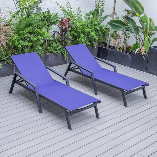 Leisuremod LeisureMod Marlin Modern Patio Chaise Lounge Arm Chair with Black Powder Coated Aluminum Frame in Navy Blue Set of 2