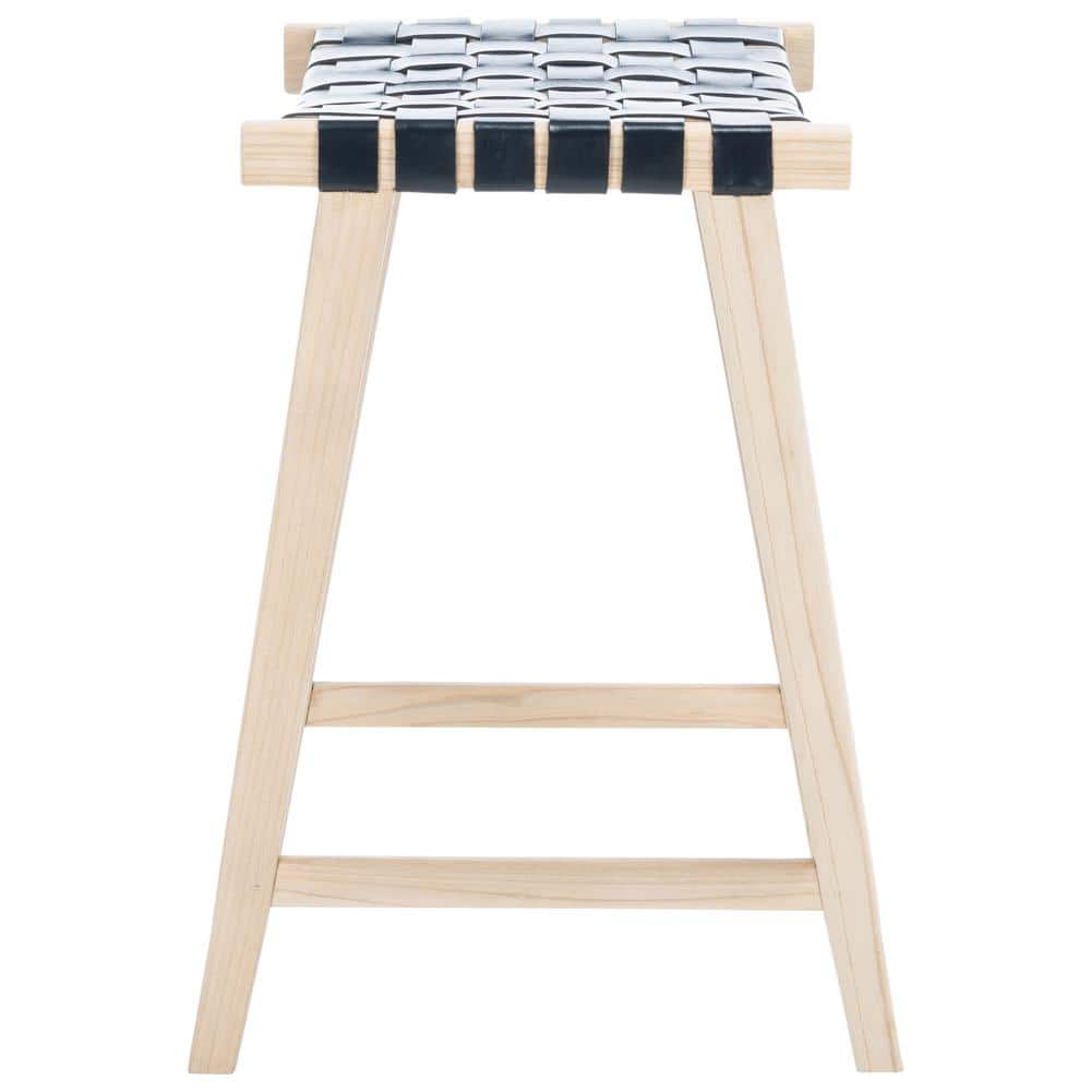 Elegant Airy Charm Black Woven Leather and Natural Wood Counter Stool