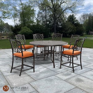 Charcoal Gray 7-Pieces Cast Aluminum Outdoor Dining Bar Set with Round Table and Dining Chairs with Orange Cushions
