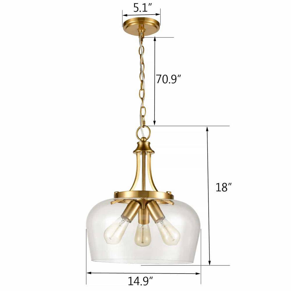 Modern Gold 3-Light Clear Glass Pendant with Brass Finish