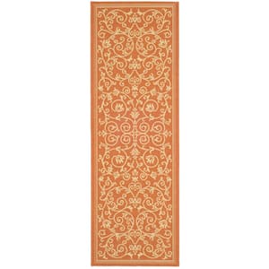 Courtyard Terracotta/Natural 2 ft. x 8 ft. Border Scroll Floral Indoor/Outdoor Patio  Runner Rug