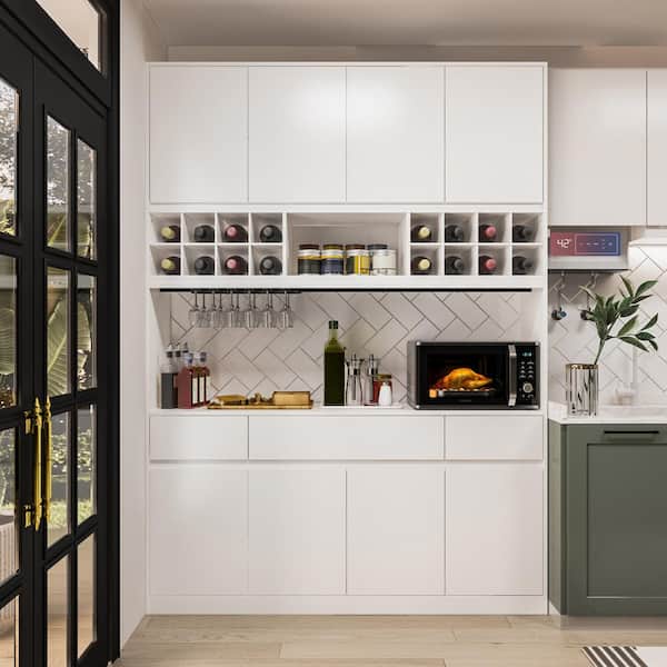 FUFU&GAGA 4-in-1 White Wood 63 in. W Kitchen Food Pantry Cabinet with Doors, Drawers, Adjustable Shelves and Wine Storage