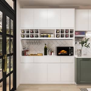 4-in-1 White Wood 63 in. W Kitchen Food Pantry Cabinet with Doors, Drawers, Adjustable Shelves and Wine Storage