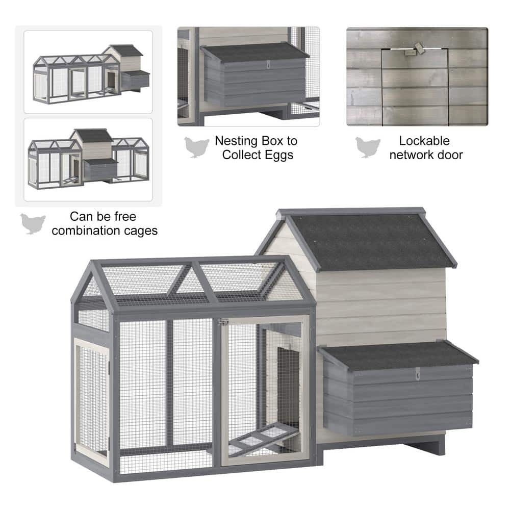 Gray and White Wooden Chicken Coop with Double Run and Nesting Box