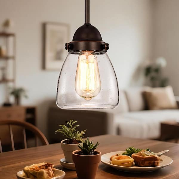 Edvivi Yellowstone 1-Light Oil Rubbed Bronze Pendant with Seeded Glass Shade