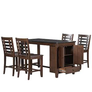 Dark Walnut 5-Piece Solid Wood Table with Storage Cabinet and Drawer, Chairs with Ladder Back Design Outdoor Dining Set