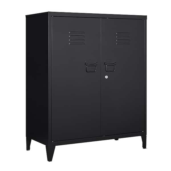 LISSIMO 31.5 in. W 2-Shelf Locker, Lockable Home Office Storage Cabinets with 2 Doors and Shelves for Home, Office in Black
