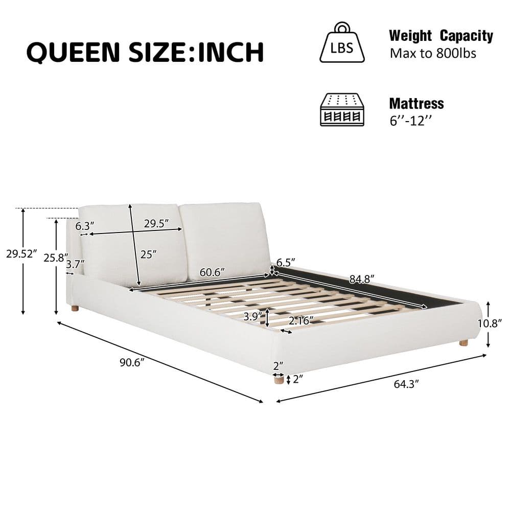 Linden White Boucle Fabric Upholstered Wood Frame Queen Size Platform Bed with Removable Pillow Headboard - thumbnail 3