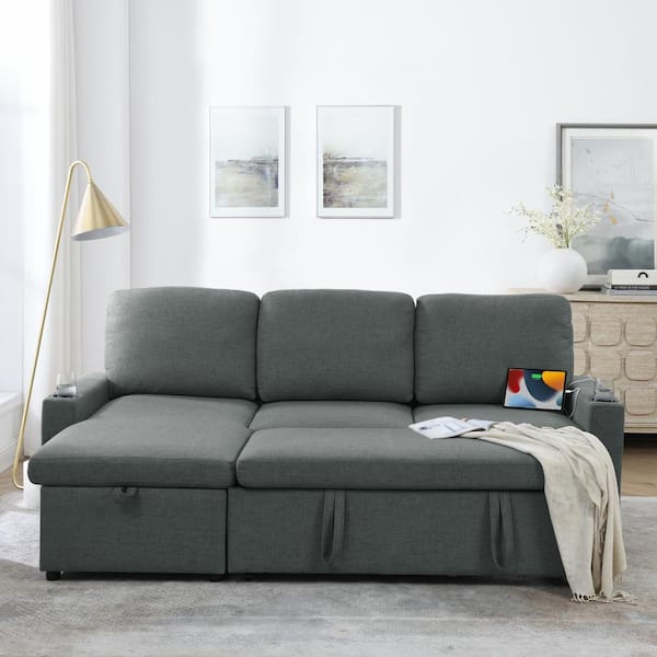 J&E Home 85.75 in. Gray Linen Full Size Reversible Sleeper Sofa Bed with Storage Chaise