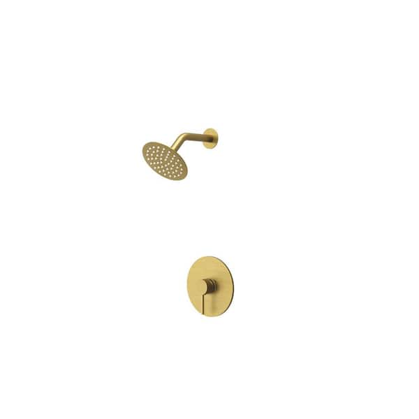 Crozet 1-Spray Patterns with 1.8 GPM 6 in. Wall Mount Rain Fixed Shower Head in Brushed Gold Round Valve Included