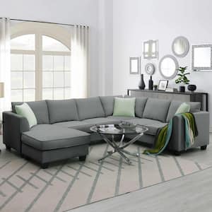 112 in. Square Arm Fabric L -Shaped Sofa with Ottoman in Grey