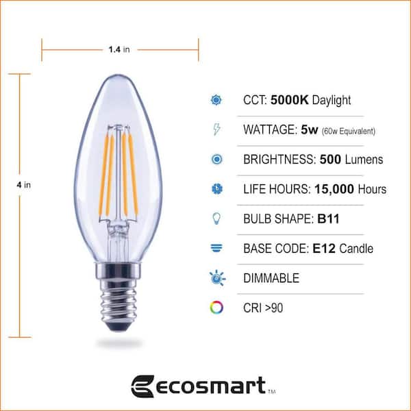 Philips 60-Watt Equivalent B11 Dimmable Edison LED Candle Light Bulb Glass Bent Tip Candelabra Base Daylight (5000K) (3-Pack)