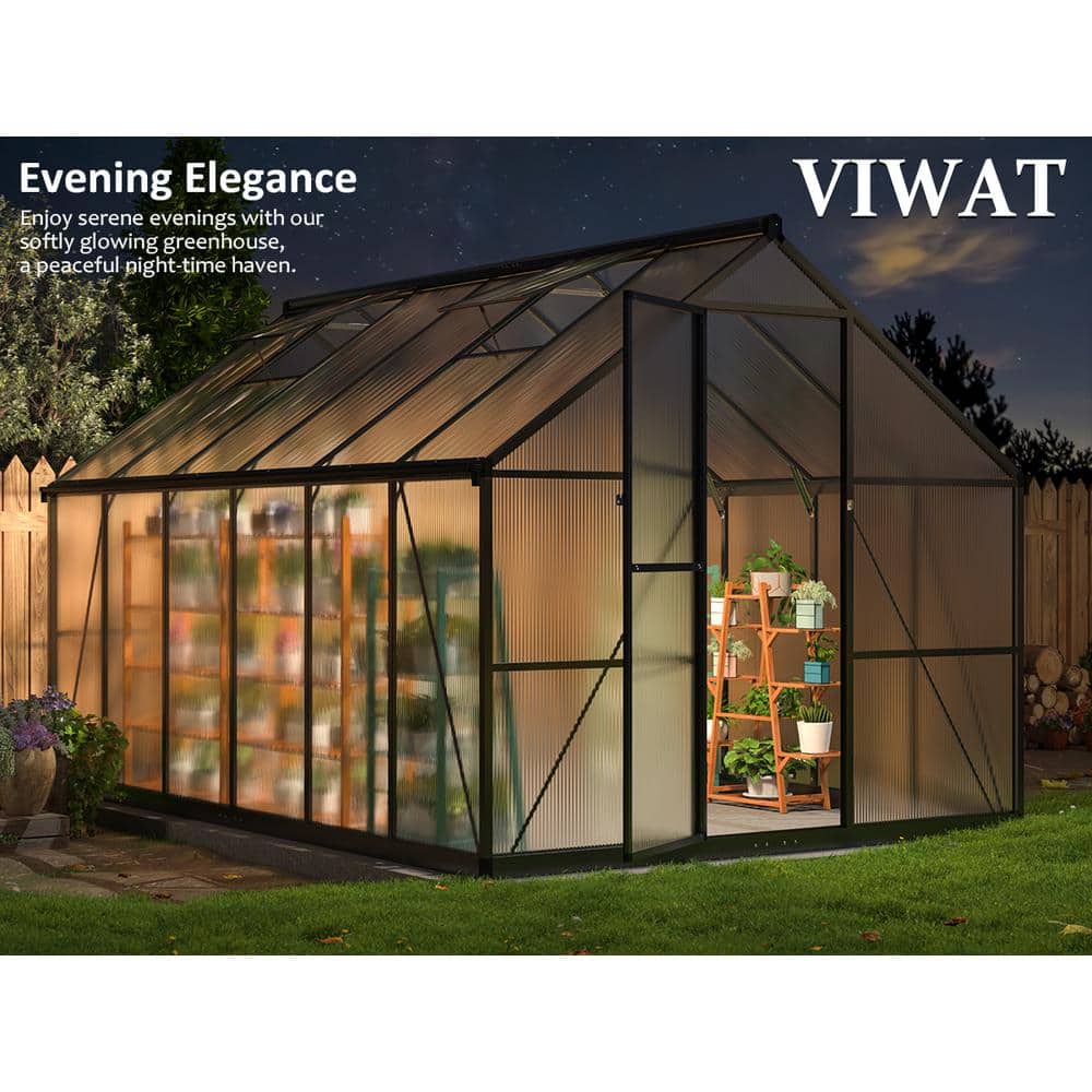 Black Aluminum Polycarbonate Walk-In Greenhouse 8x12 FT