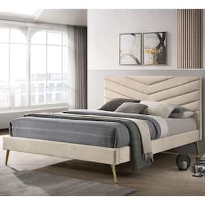 Stateridge Beige Polyester Frame Full Platform Bed with Padded Headboard and Care Kit