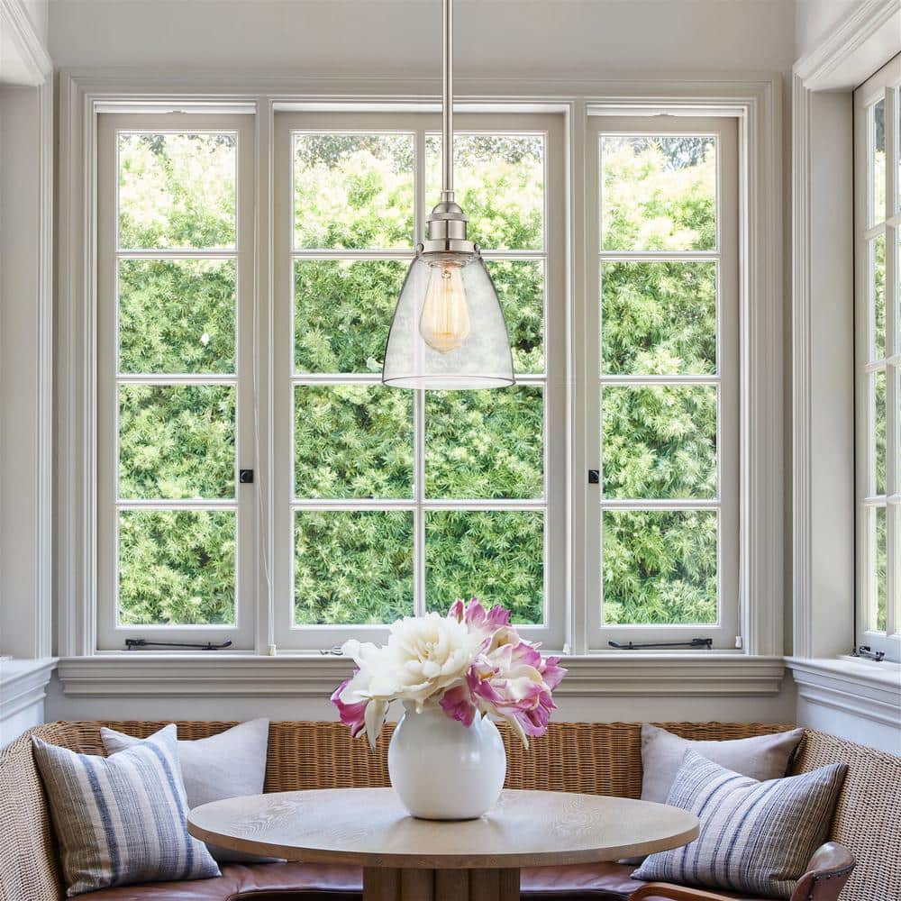 Porter 8" Mini Industrial Pendant Light with Clear Glass Shade, Brushed Nickel