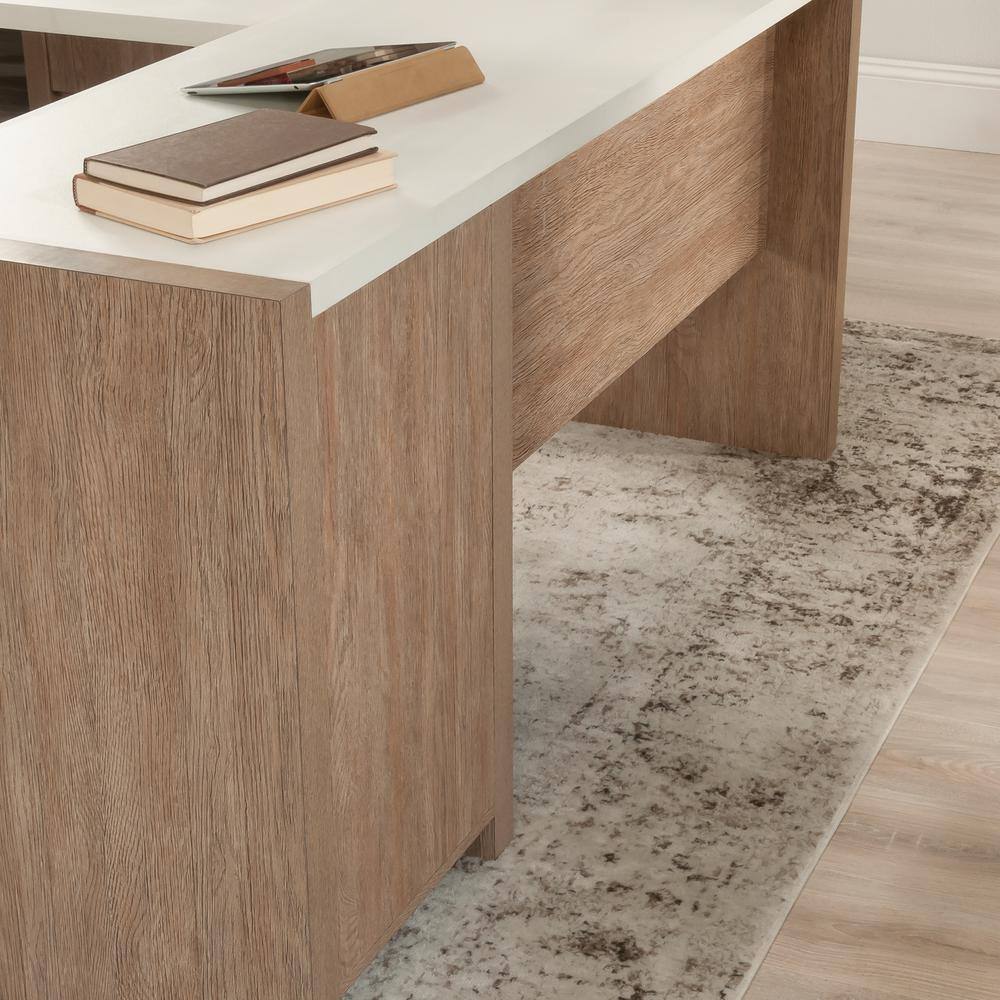 Pebble White and Brushed Oak L-Shaped Desk with Filing Cabinet