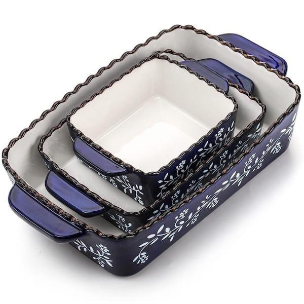 3-Piece Blue Ceramic Painted Rectangular Bakeware Pan Set for Lasagna, Chicken, Roasting Christmas Holiday Use