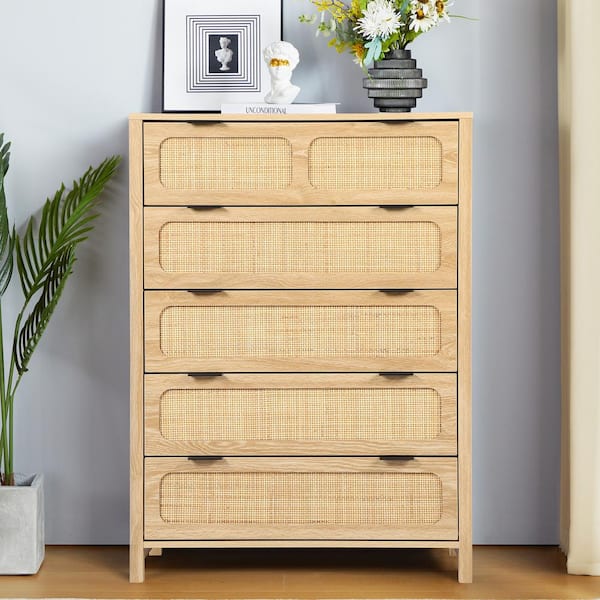 Natural Wooden Rattan 5-Drawer Storage Cabinet Dresser (15.74in.D x 31.49in.W x 43.3in.H)