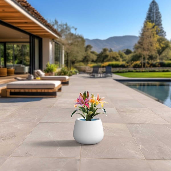 10.5 in. Small Crisp White (Enhanced Interior) Concrete Round Planter / Pot with Drainage Holes