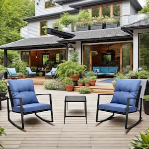 3-Piece All Weather PE Wicker Outdoor Rocking Chairs, Steel Frame Patio Bistro Rocking Chair Set with Blue Cushions